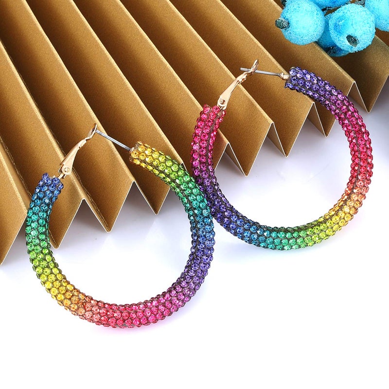 Boderier Hoop Earrings for Women Bohemian Rainbow Sparkle Pave Resin Rhinestone Wrapped Hoop Earrings Fashion Jewelry (Rainbow) - Image 3